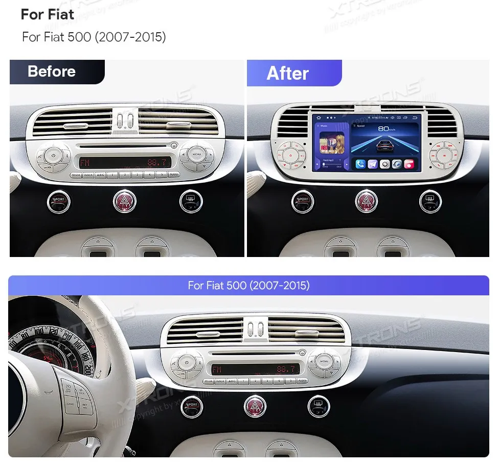 Fiat 500 2007-2015 | Android 14 | 7 inch QLED | 8GB/256GB/8Core Snapdragon 665 | Multimedija Xtrons IQ7450FLCP