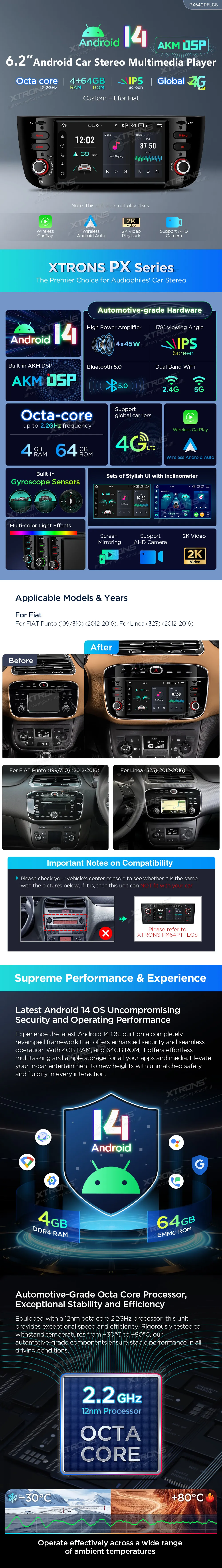 Fiat Punto / Linea 2012-2016 | Android 14 | 6.2 inch | 4GB/64GB/8Core| Multimedija Xtrons PX64GPFLGS