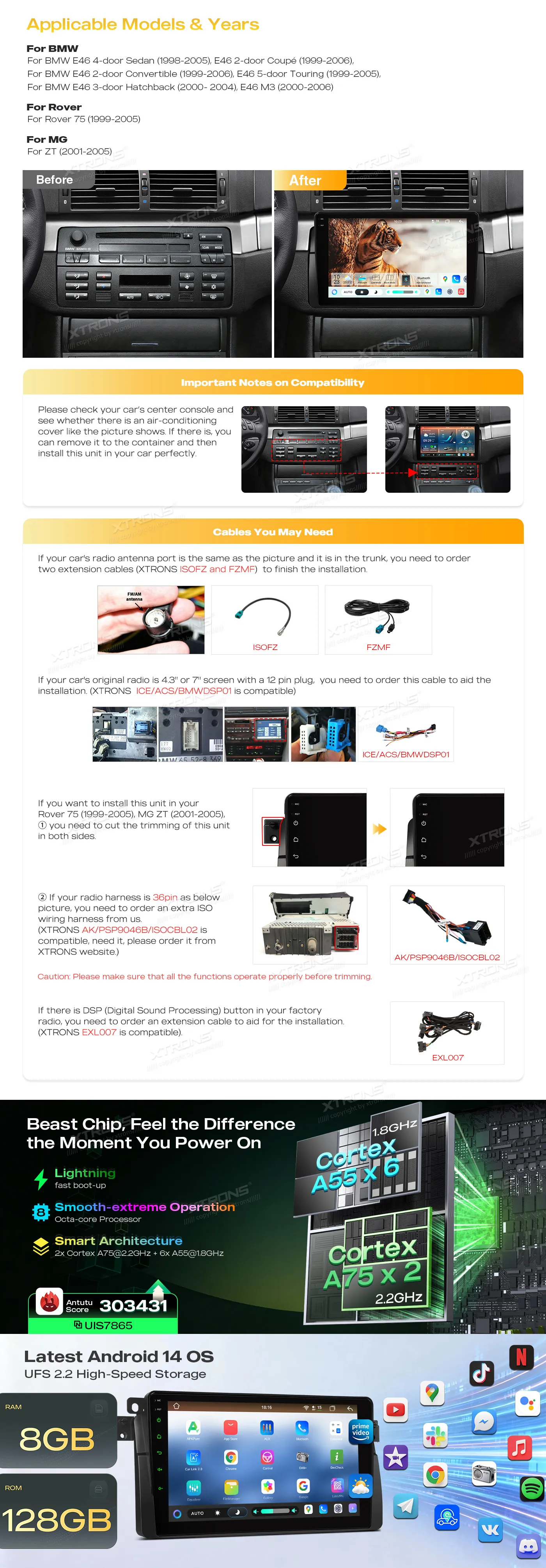 BMW E46 | Rover 75 | Android 14 | 9 inch QLED | 8GB/128GB/8Core | Multimedija Xtrons IMHP9446B