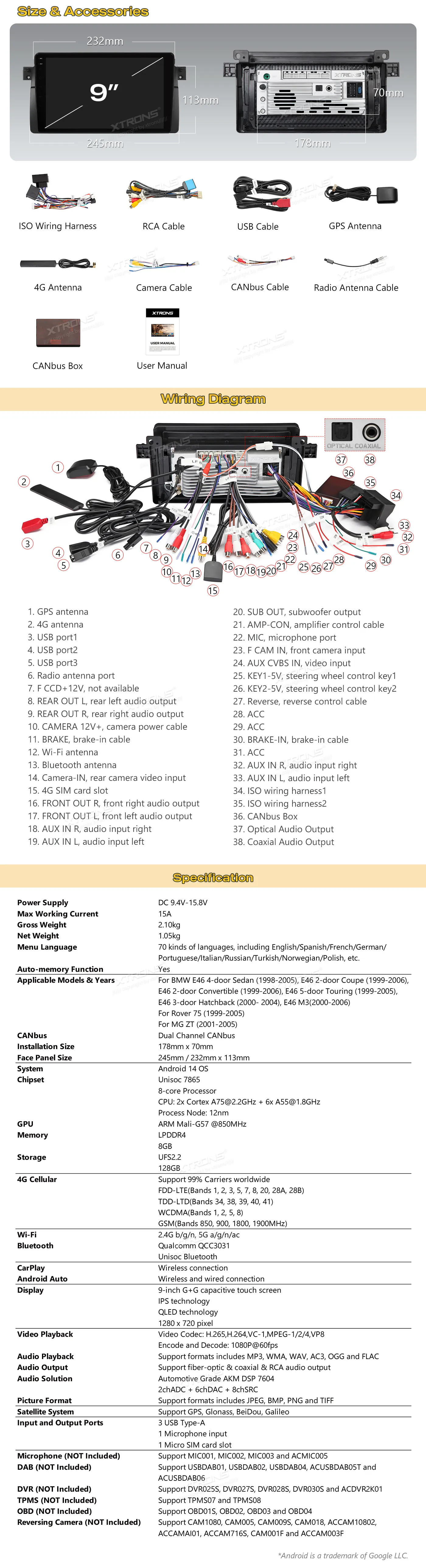 BMW E46 | Rover 75 | Android 14 | 9 inch QLED | 8GB/128GB/8Core | Multimedija Xtrons IMHP9446B