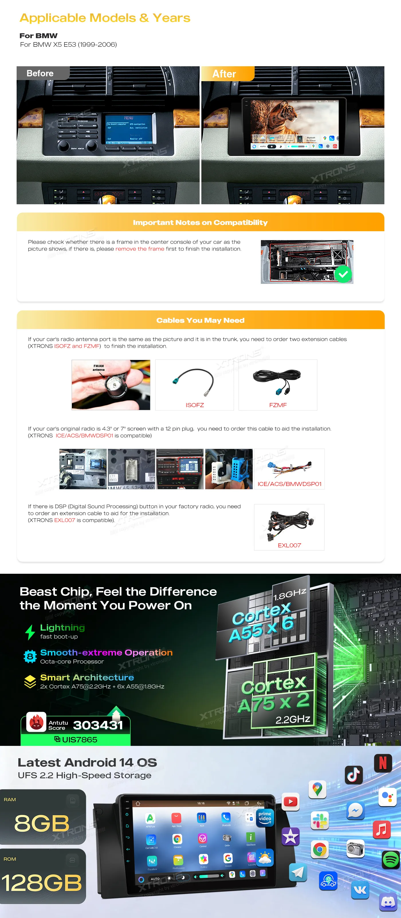 BMW X5 E53 | Android 14 | 10.25 inch QLED | 8GB/128GB/8Core | Multimedija Xtrons IMHP9453B