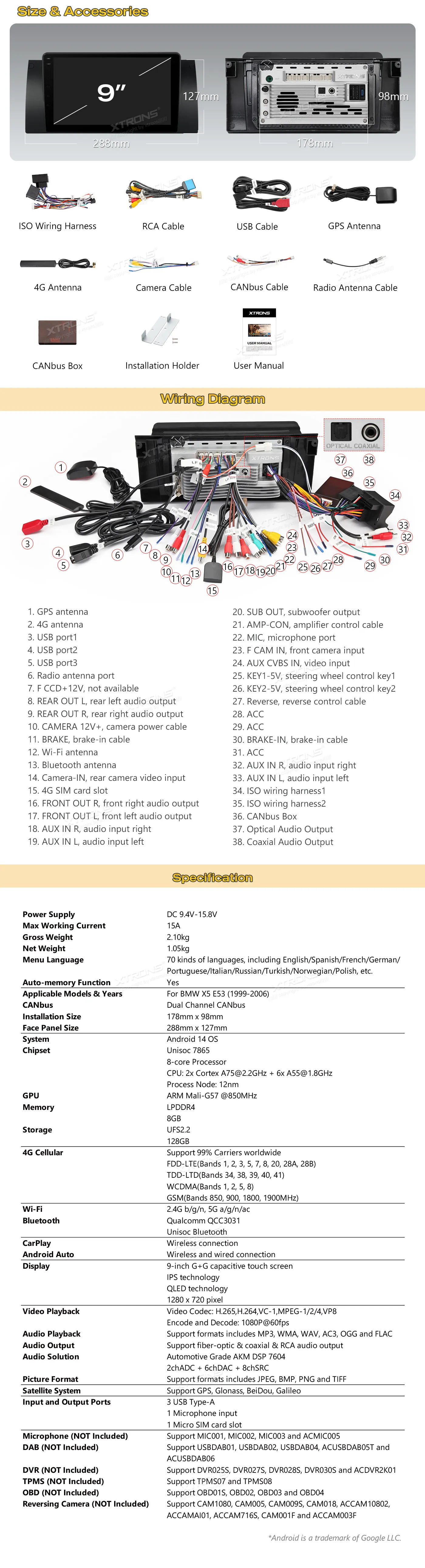 BMW X5 E53 | Android 14 | 10.25 inch QLED | 8GB/128GB/8Core | Multimedija Xtrons IMHP9453B