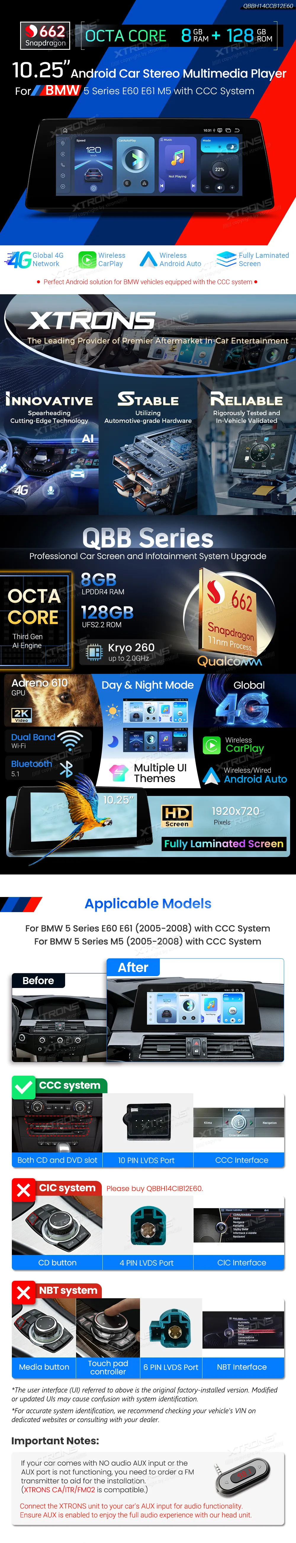 BMW E60 E61 CCC | Android OS | 10.25 inch | 8GB/128GB/8Core Snapdragon 662 | Multimedija Xtrons QBBH14CCB12E60