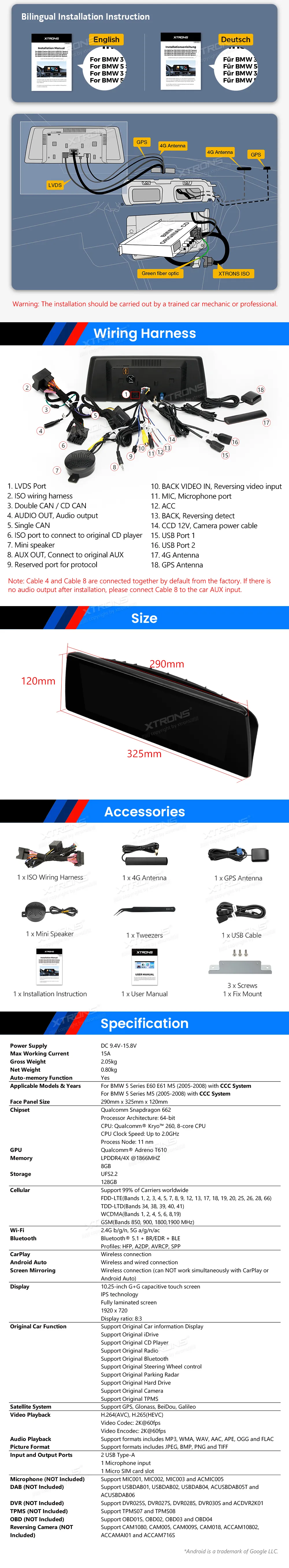 BMW E60 E61 CCC | Android OS | 10.25 inch | 8GB/128GB/8Core Snapdragon 662 | Multimedija Xtrons QBBH14CCB12E60