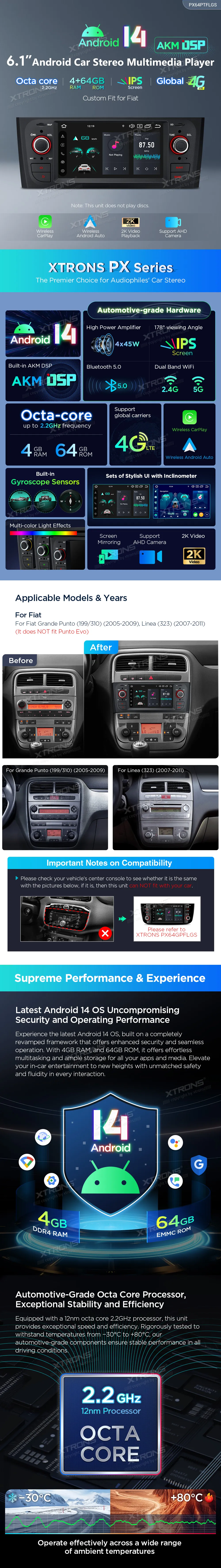 Fiat Grande Punto / Linea 2005-2011 | Android 14 | 6.2 inch | 4GB/64GB/8Core| Multimedija Xtrons PX64PTFLGS