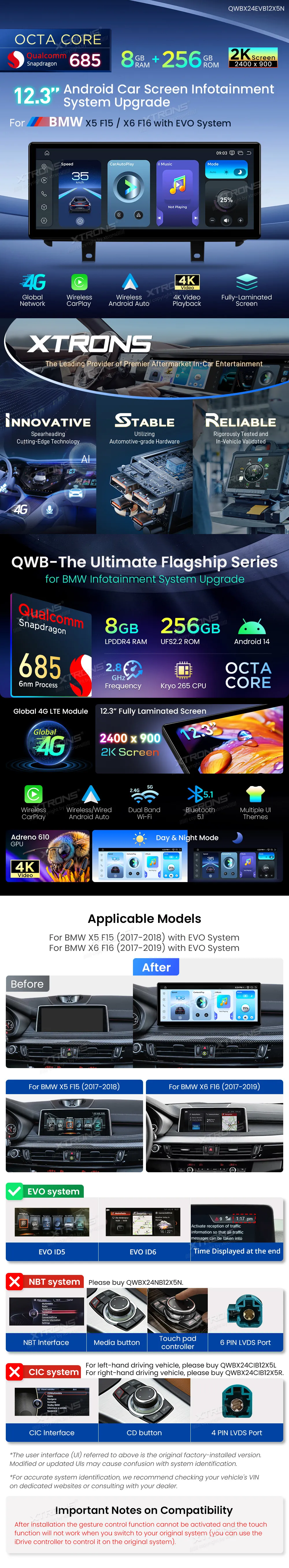 BMW X5 F15 / X6 F16 EVO | Android 14 | 12.3 inch | 8GB/256GB/8Core Snapdragon 685 | Multimedija Xtrons QWBX24EVB12X5N