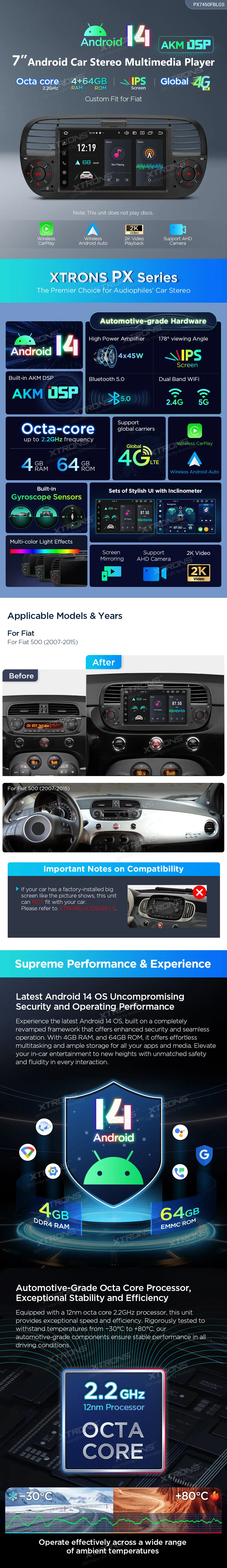 Fiat 500 2007-2015 | Android 14 | 7 inch | 4GB/64GB/8Core | Multimedija Xtrons PX7450FBLGS