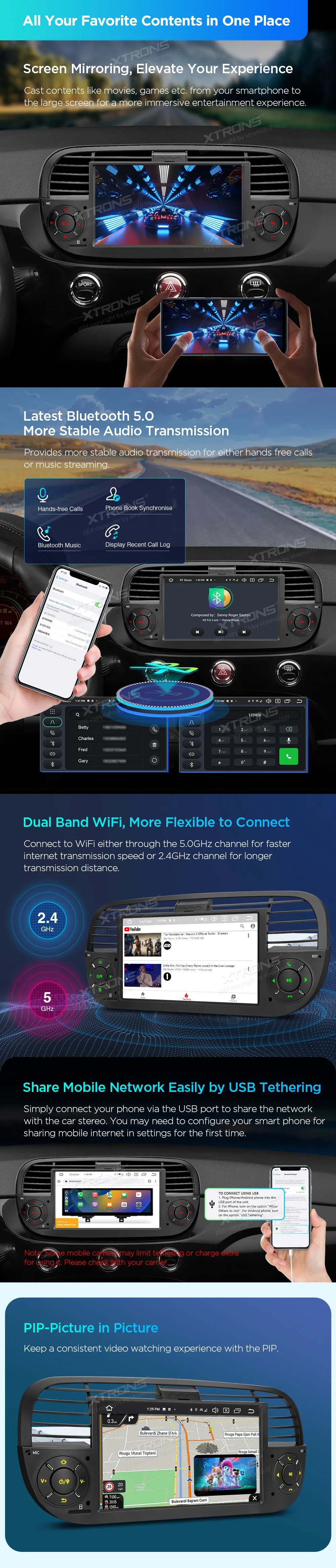 Fiat 500 2007-2015 | Android 14 | 7 inch | 4GB/64GB/8Core | Multimedija Xtrons PX7450FBLGS