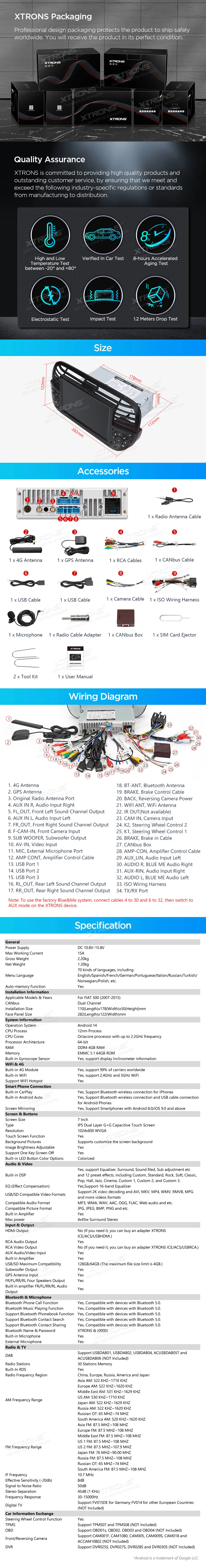 Fiat 500 2007-2015 | Android 14 | 7 inch | 4GB/64GB/8Core | Multimedija Xtrons PX7450FBLGS