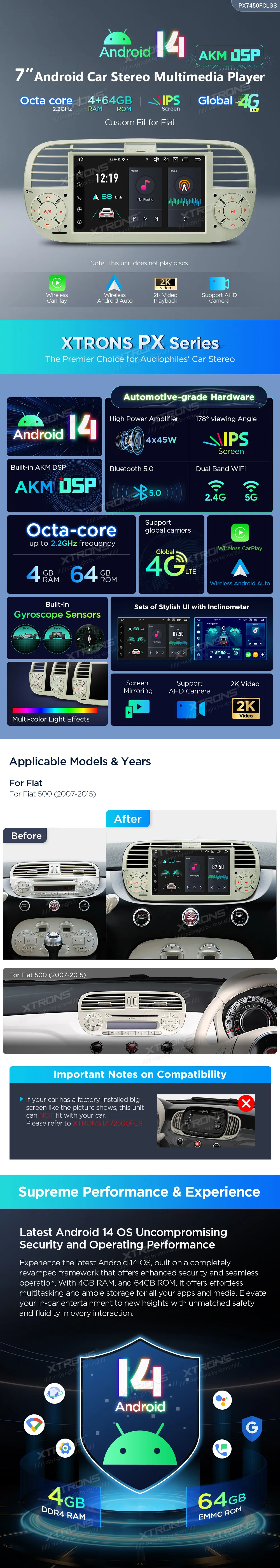 Fiat 500 2007-2015 | Android 14 | 7 inch | 4GB/64GB/8Core | Multimedija Xtrons PX7450FCLGS