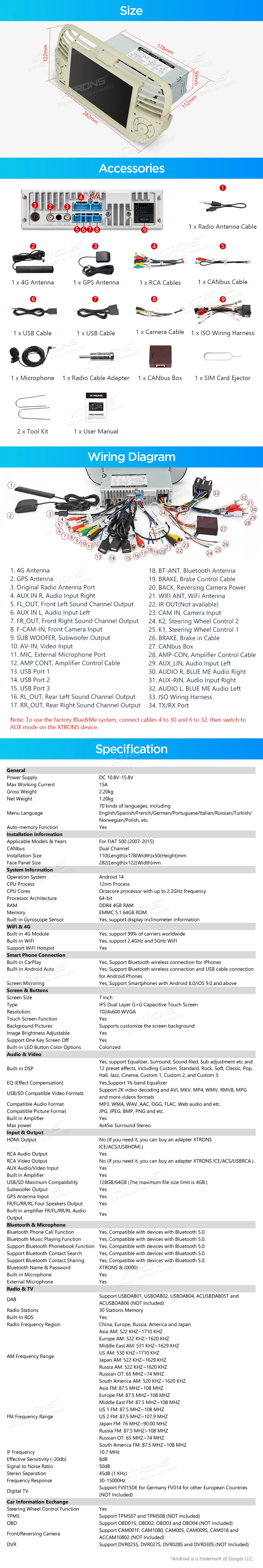 Fiat 500 2007-2015 | Android 14 | 7 inch | 4GB/64GB/8Core | Multimedija Xtrons PX7450FCLGS