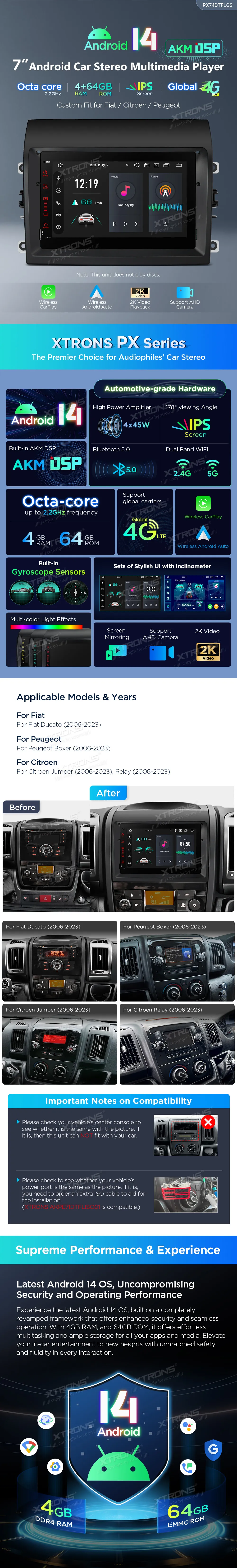 Fiat Ducato / Peugeot Boxerer / Citroen Jumper | Android 14 | 7 inch | 4GB/64GB/8Core | Multimedija Xtrons PX74DTFLGS