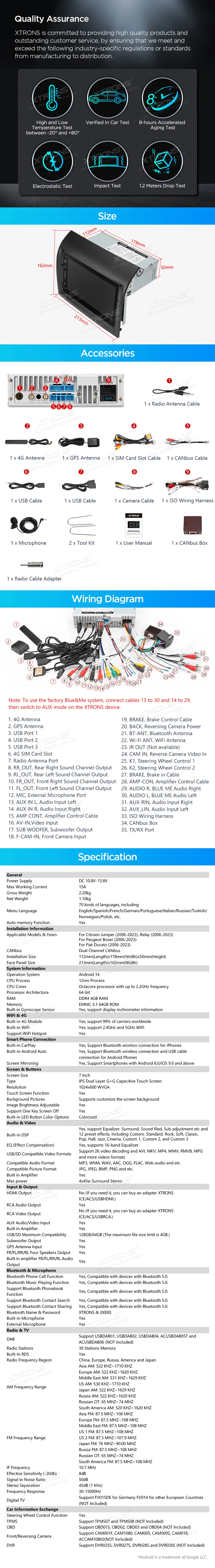 Fiat Ducato / Peugeot Boxerer / Citroen Jumper | Android 14 | 7 inch | 4GB/64GB/8Core | Multimedija Xtrons PX74DTFLGS