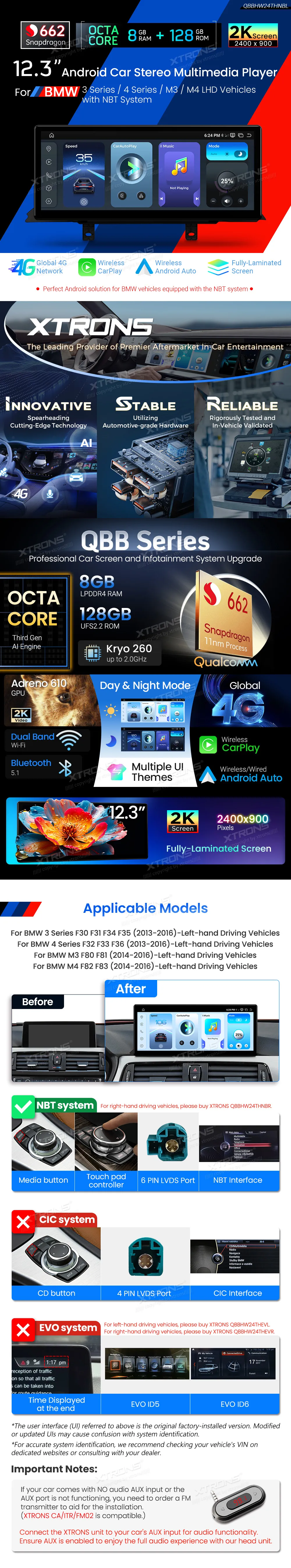 BMW 3/4 Serija 2013-2016 NBT | Android OS | 12.3 inch | 8GB/128GB/8Core Snapdragon 662 | Multimedija Xtrons QBBHW24THNBL