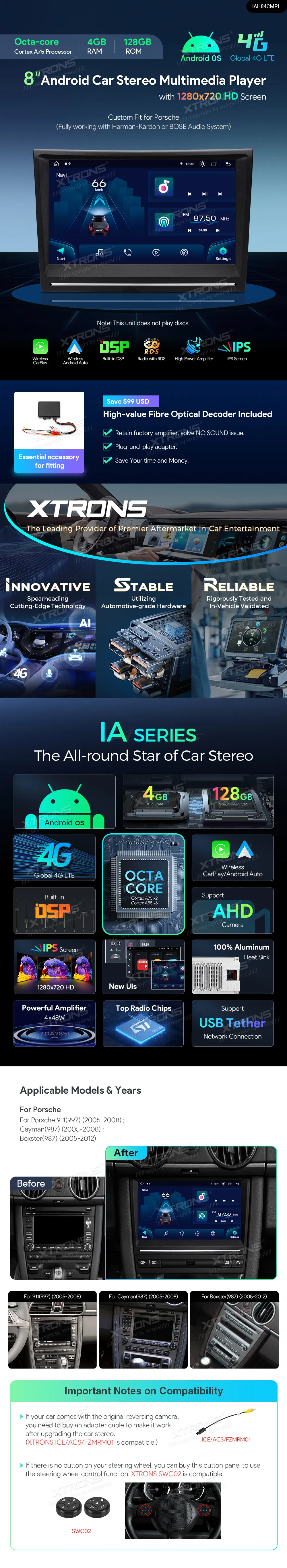 8 colio Android multimedija Porsche su 4GB RAM, 128GB, CarPlay ir Android Auto. HD IPS ekranas, 4G ryšys.