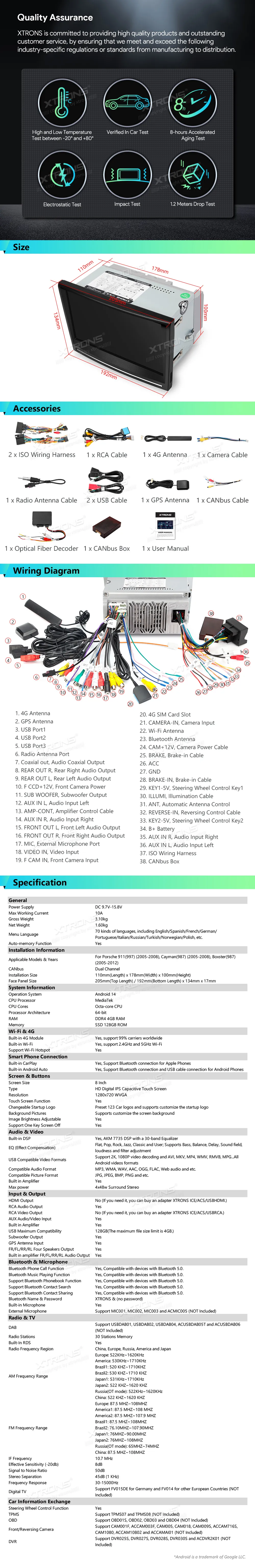 Porsche 911/Cayman/Boxster 2005-2012 | Android OS | 8 inch | 4GB/128GB/8Core | Multimedija Xtrons IAH84CMPL