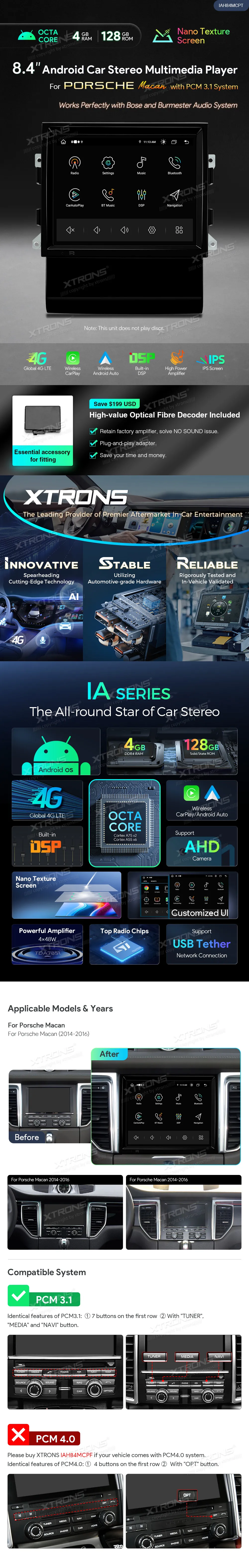 Porsche Macan 2014-2016 PCM 3.1 | Android OS | 8.4 inch | 4GB/128GB/8Core | Multimedija Xtrons IAH84MCPT
