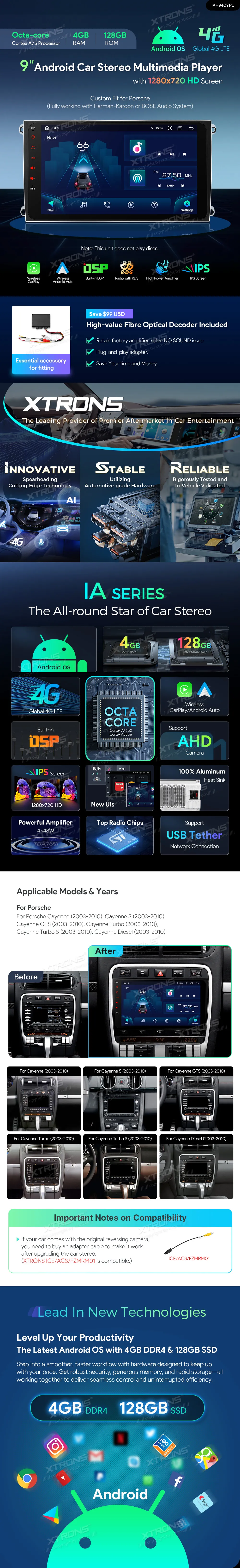 Porsche Cayenne 2003-2010 | Android OS | 8 inch | 4GB/128GB/8Core | Multimedija Xtrons IAH94CYPL