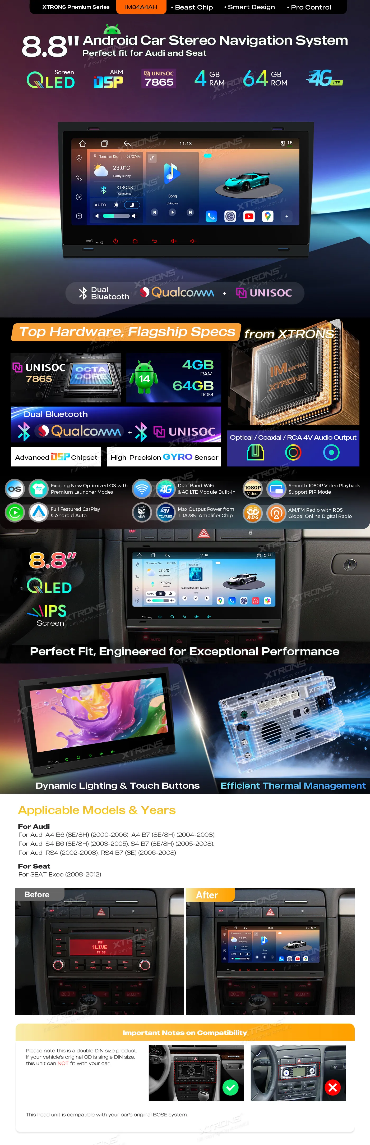 Audi A4 S4 RS4 B6/B7 | Android 14 | 8.8 inch QLED | 4GB/64GB/8Core | Multimedija Xtrons IM84A4AH