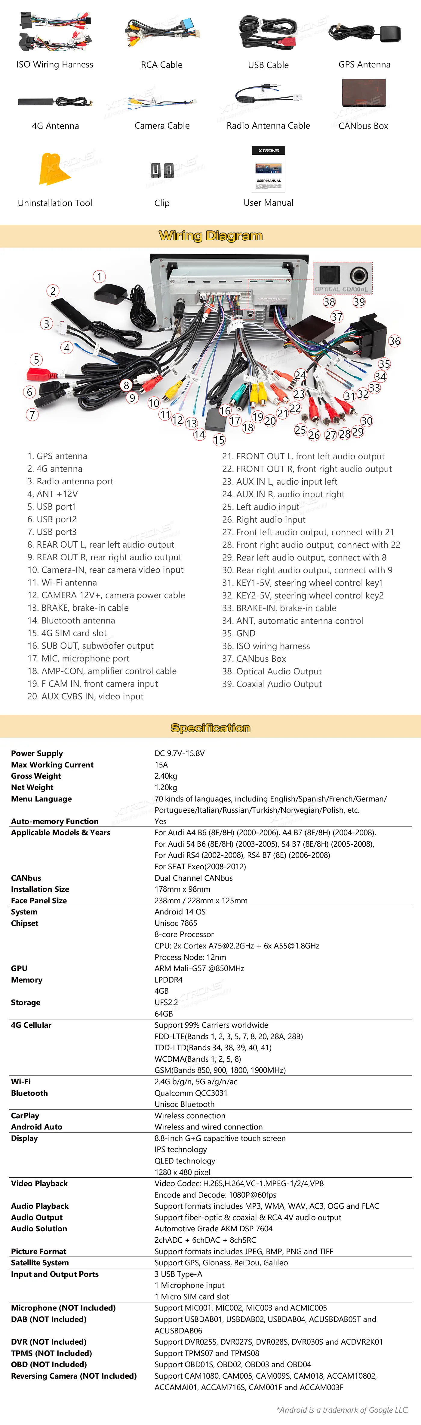 Audi A4 S4 RS4 B6/B7 | Android 14 | 8.8 inch QLED | 4GB/64GB/8Core | Multimedija Xtrons IM84A4AH