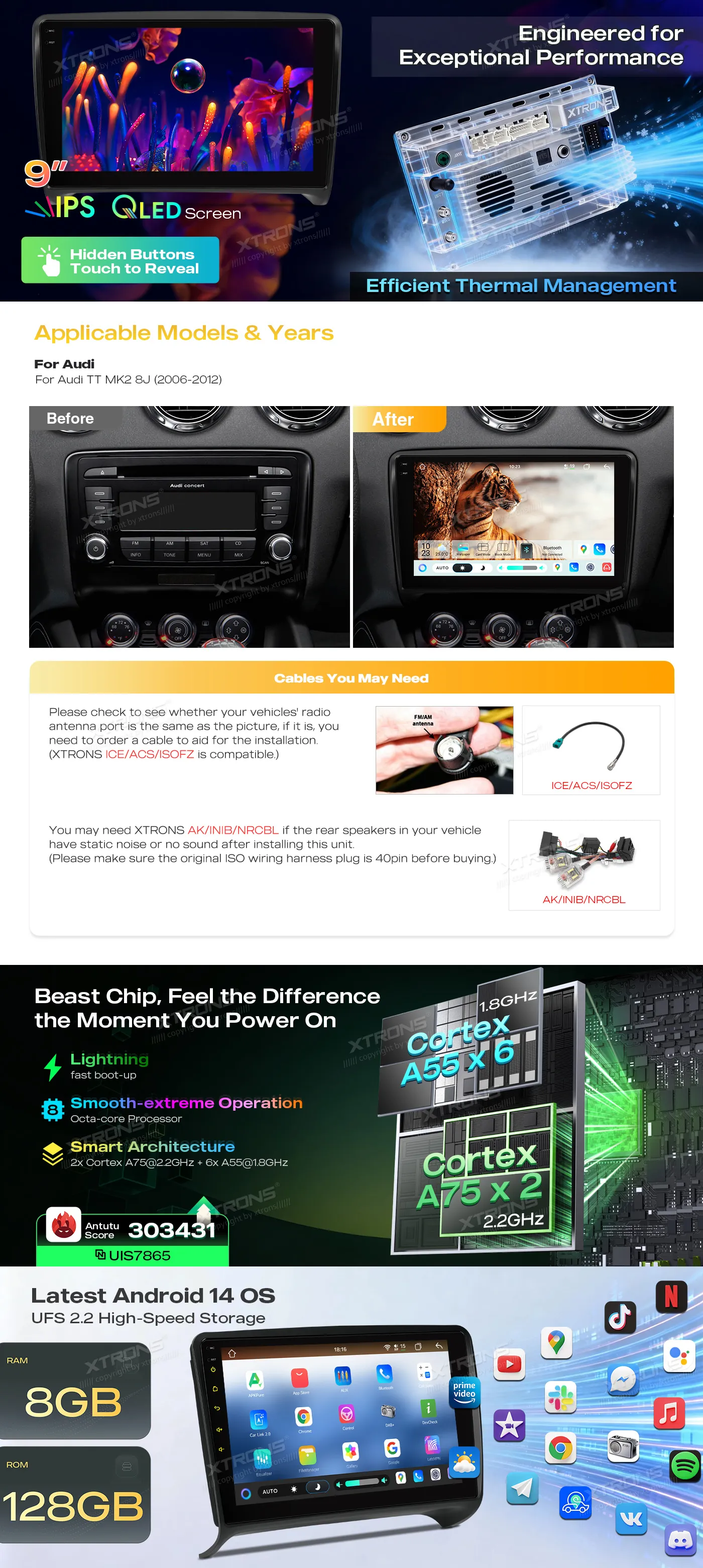 Audi TT 2006-2012| Android 14 | 9inch QLED | 4GB/128GB/8Core| Multimedija Xtrons IMHP94TTA