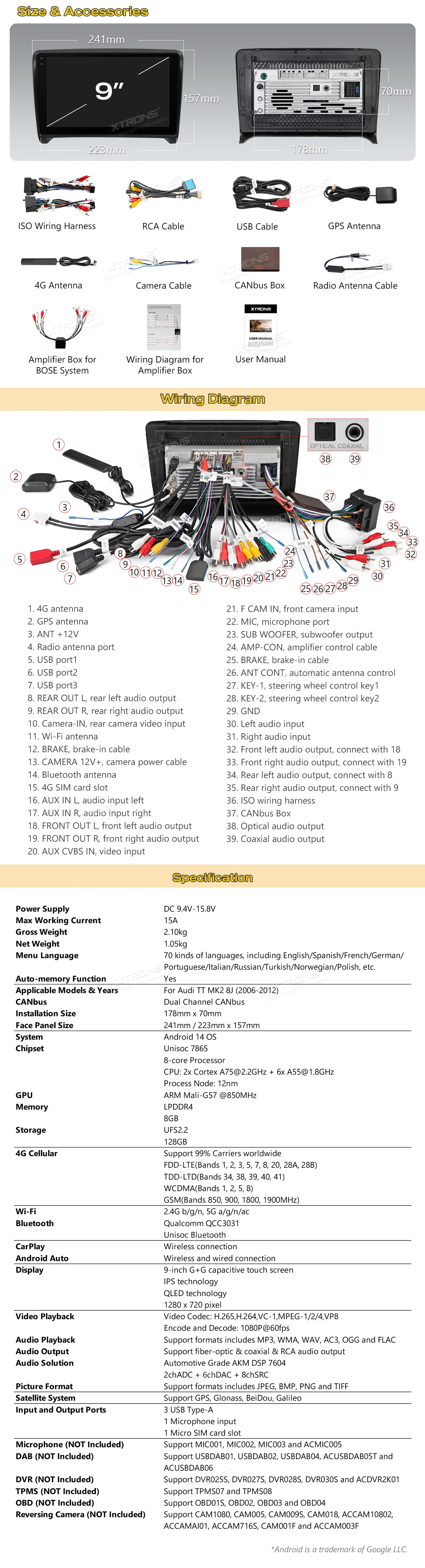 Audi TT 2006-2012| Android 14 | 9inch QLED | 4GB/128GB/8Core| Multimedija Xtrons IMHP94TTA