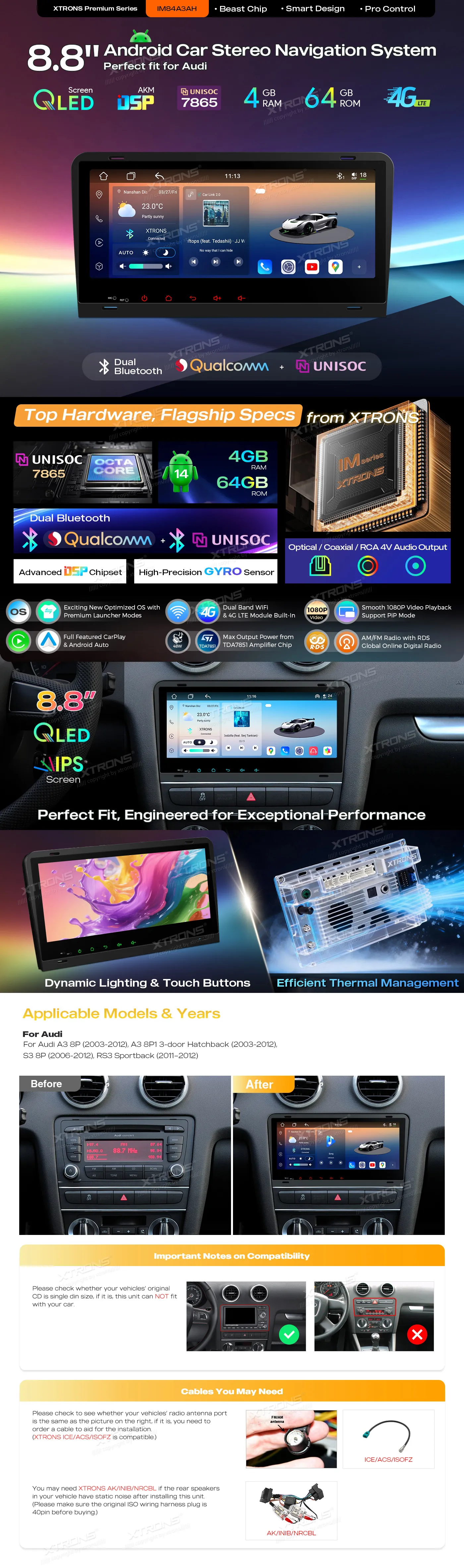 Audi A3 S3 RS3 | Android 14 | 8.8 inch QLED | 4GB/64GB/8Core | Multimedija Xtrons IM84A3AH