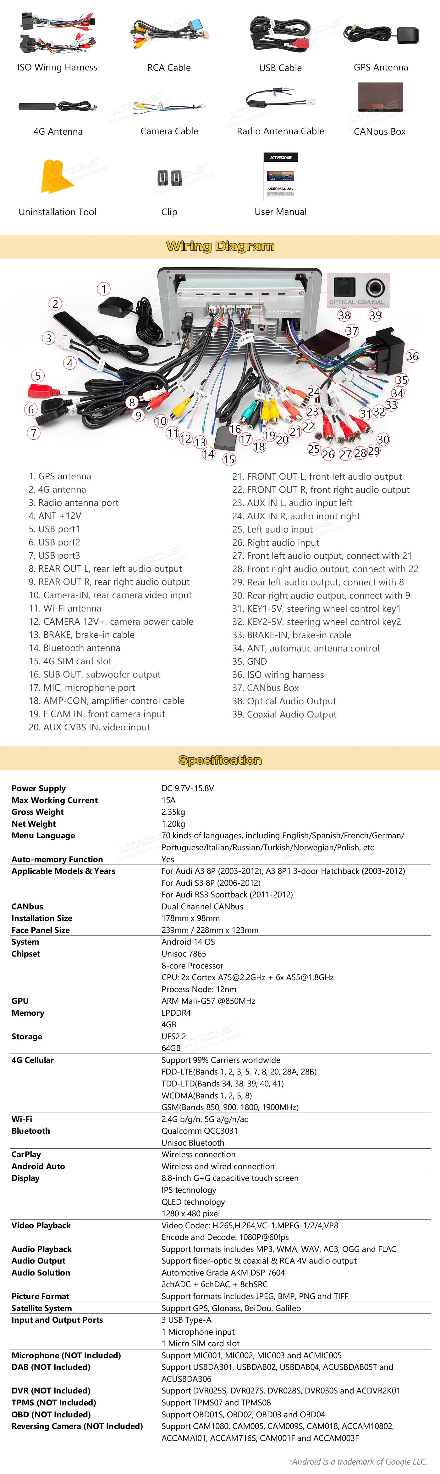 Audi A3 S3 RS3 | Android 14 | 8.8 inch QLED | 4GB/64GB/8Core | Multimedija Xtrons IM84A3AH