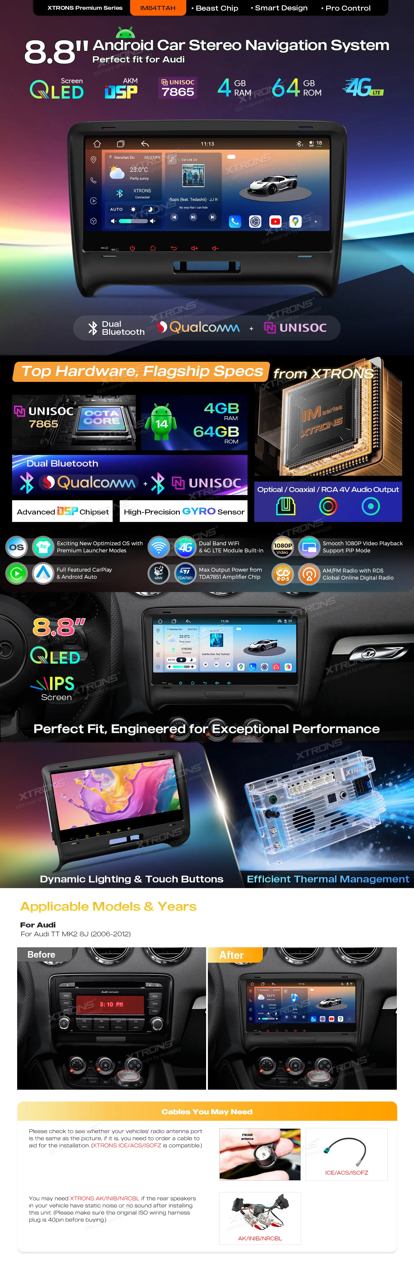 Audi TT 2006-2012| Android 14 | 8.8 inch QLED | 4GB/64GB/8Core| Multimedija Xtrons IM84TTAH