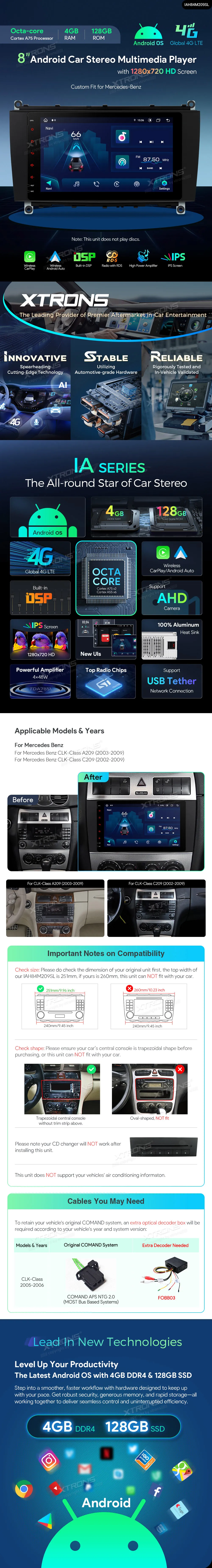 MB CLK A209 / C209 | Android 14 | 8 inch | 4GB/128GB/8Core | Multimedija Xtrons IAH84M209SL