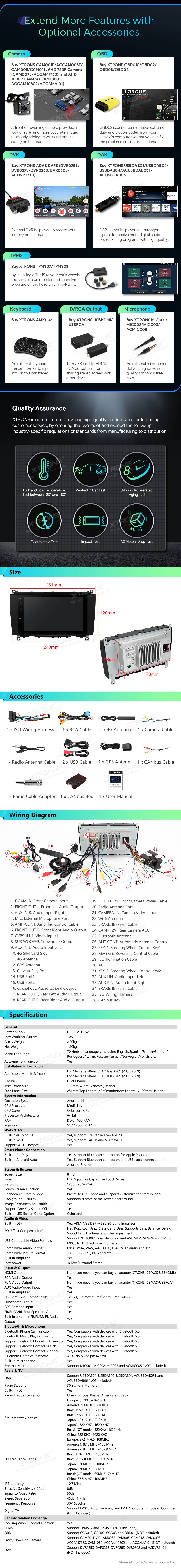 MB CLK A209 / C209 | Android 14 | 8 inch | 4GB/128GB/8Core | Multimedija Xtrons IAH84M209SL