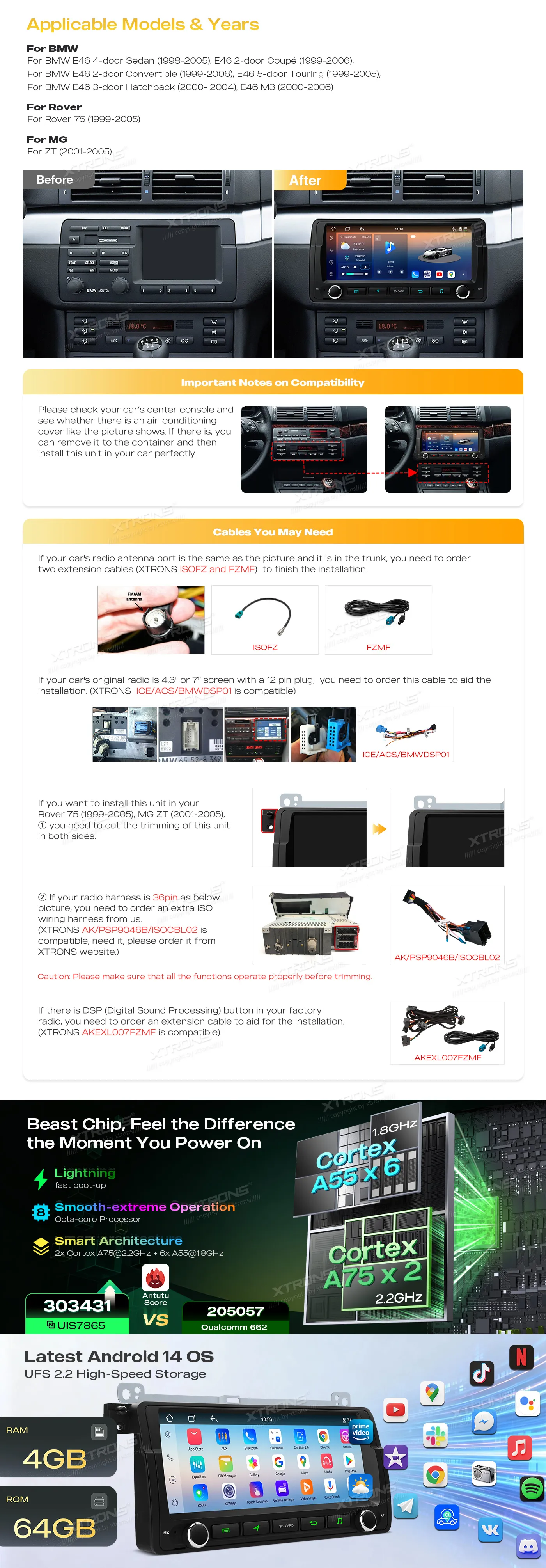 BMW E46 | Rover 75 | Android 14 | 8.8 inch QLED | 4GB/64GB/8Core | Multimedija Xtrons IM8446BH