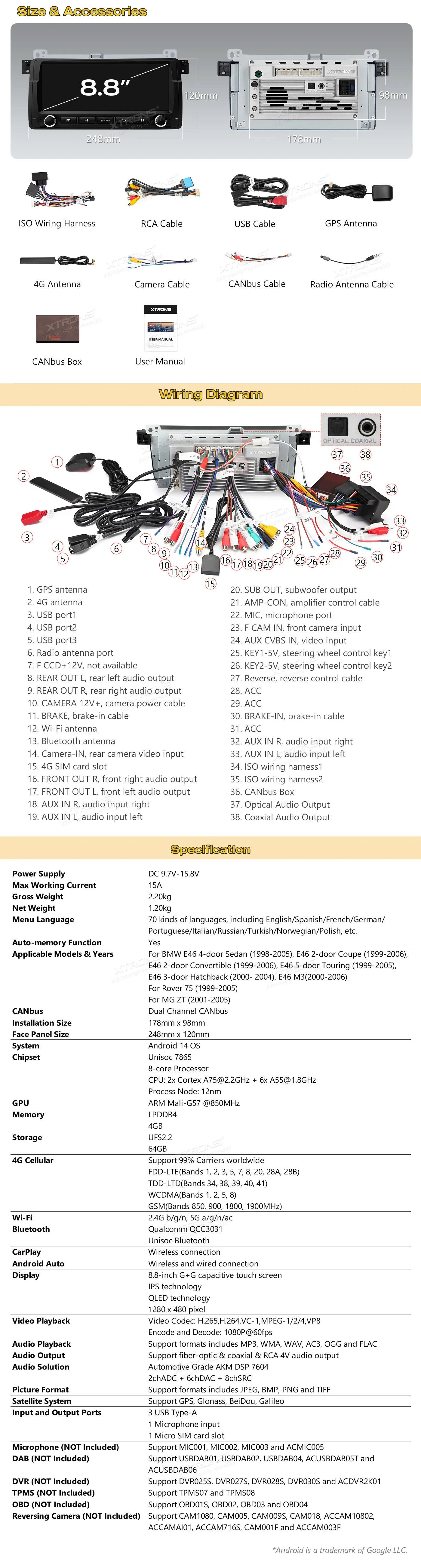 BMW E46 | Rover 75 | Android 14 | 8.8 inch QLED | 4GB/64GB/8Core | Multimedija Xtrons IM8446BH