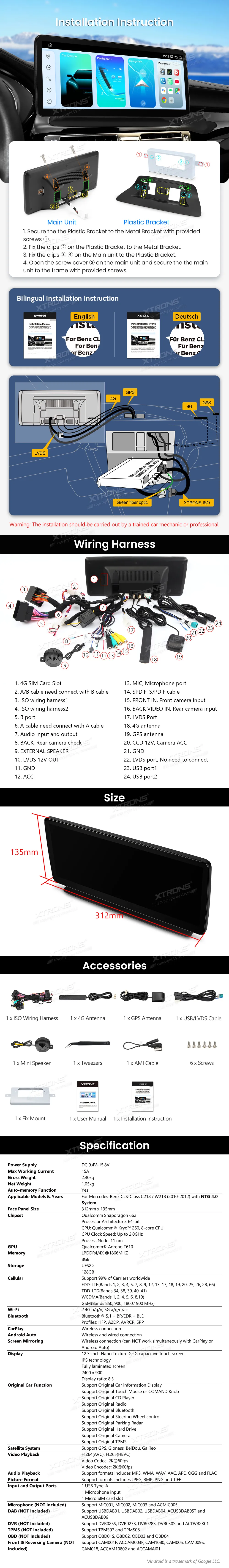 MB CLS C218/W218 NTG 4.0 | Android OS | 12.3 inch | 8GB/128GB/8Core Snapdragon 662 | Multimedija Xtrons QBMH2440M12CLS