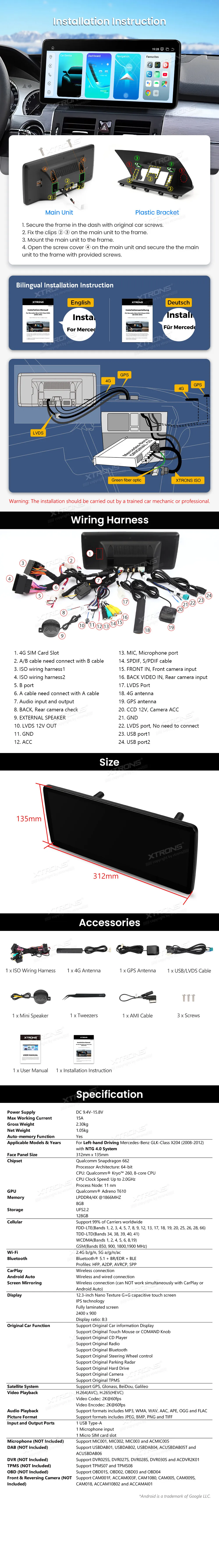 MB CLK X204 NTG 4.0 | Android OS | 12.3 inch | 8GB/128GB/8Core Snapdragon 662 | Multimedija Xtrons QBMH2440M12GLK40L