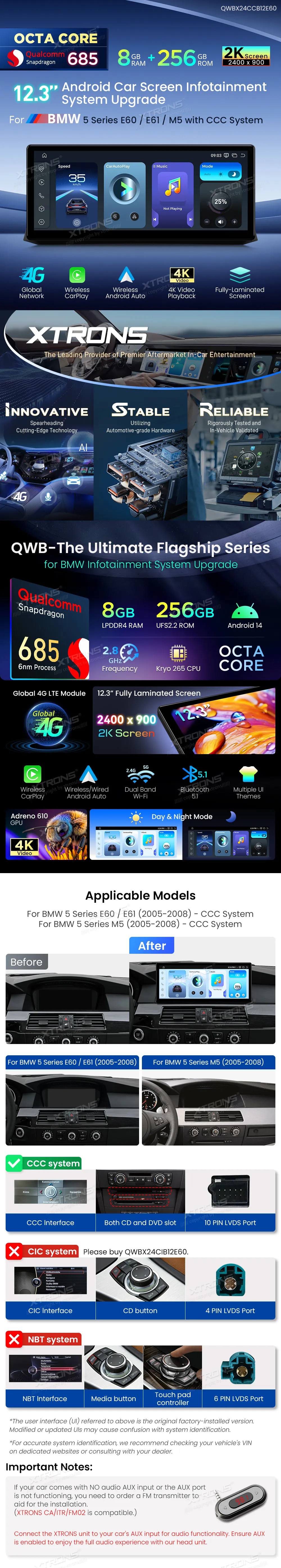 Android multimedija BMW 5 serija E60 E61 M5 CCC su 12.3 colio 2K ekranu, Snapdragon 685, CarPlay, Android Auto ir 4G ryšiu. Modernus atnaujinimas BMW.
