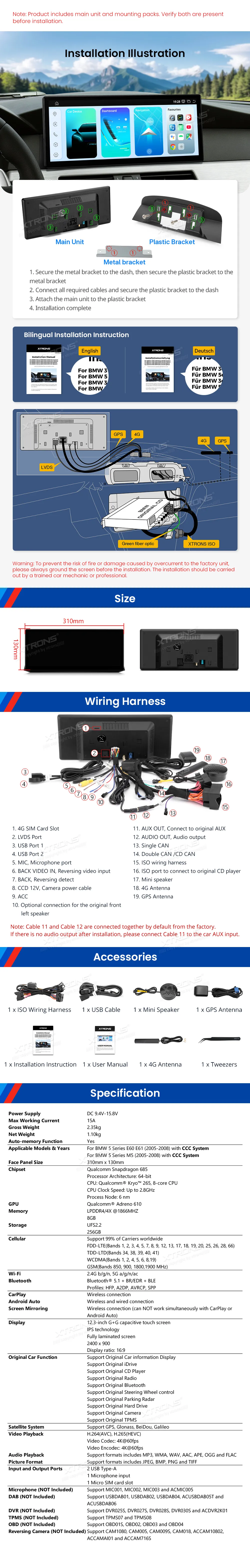 BMW E60 E61 CCC | Android 14 | 12.3 inch | 8GB/256GB/8Core Snapdragon 685 | Multimedija Xtrons QWBX24CCB12E60
