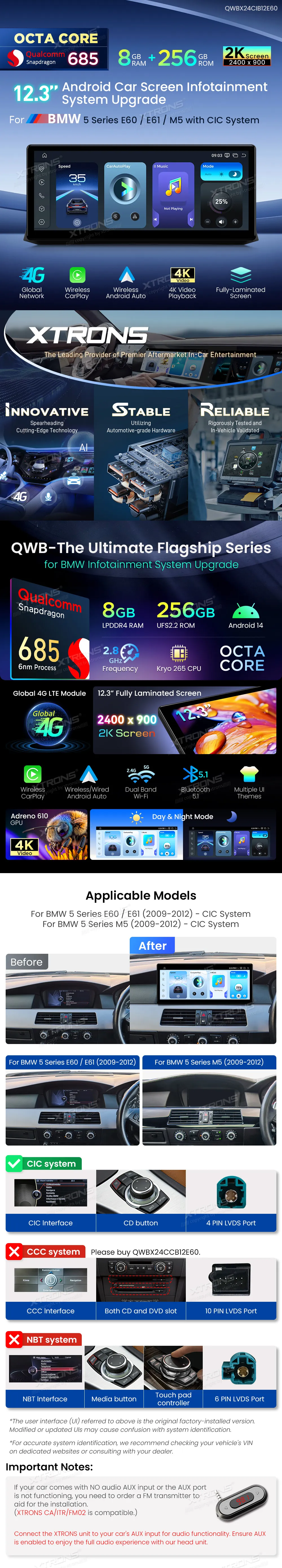 BMW E60 E61 CIC | Android 14 | 12.3 inch | 8GB/256GB/8Core Snapdragon 685 | Multimedija Xtrons QWBX24CIB12E60