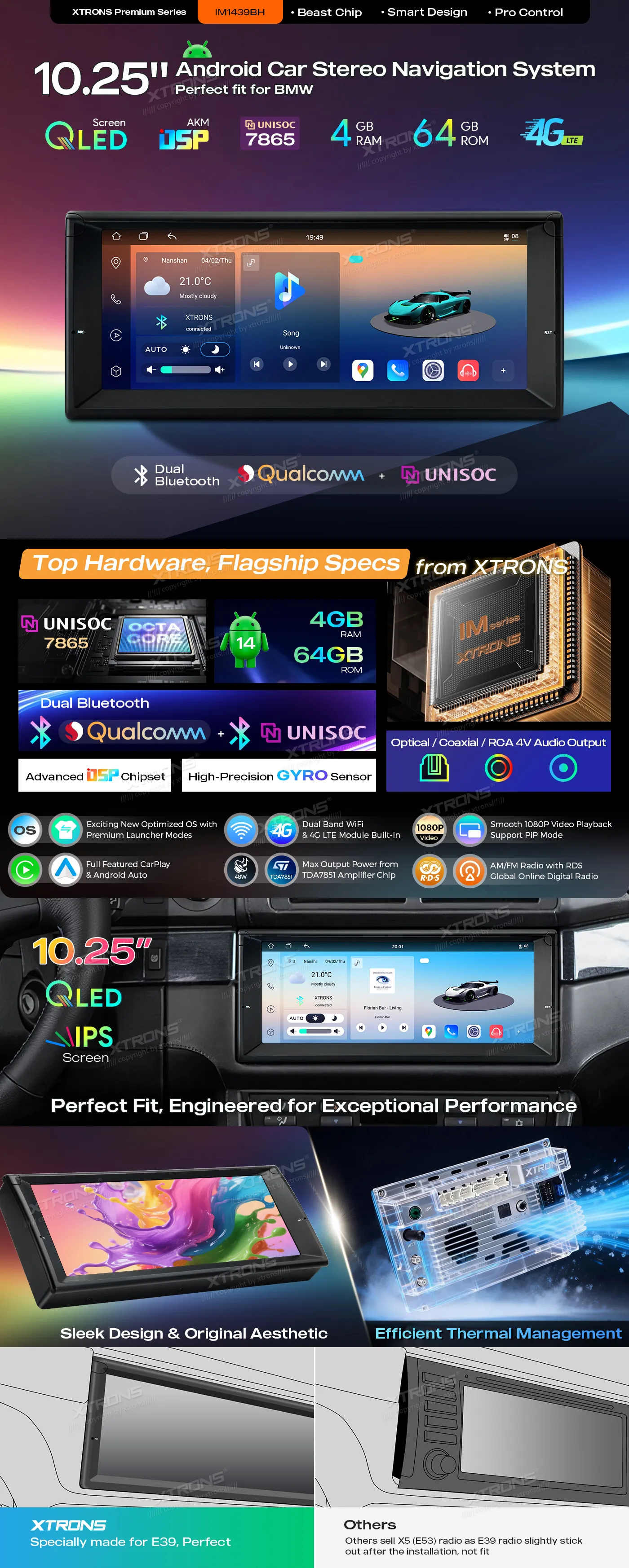 BMW E39 / E38 | Android 14 | 10.25 inch QLED | 4GB/64GB/8Core | Multimedija Xtrons IM1439BH