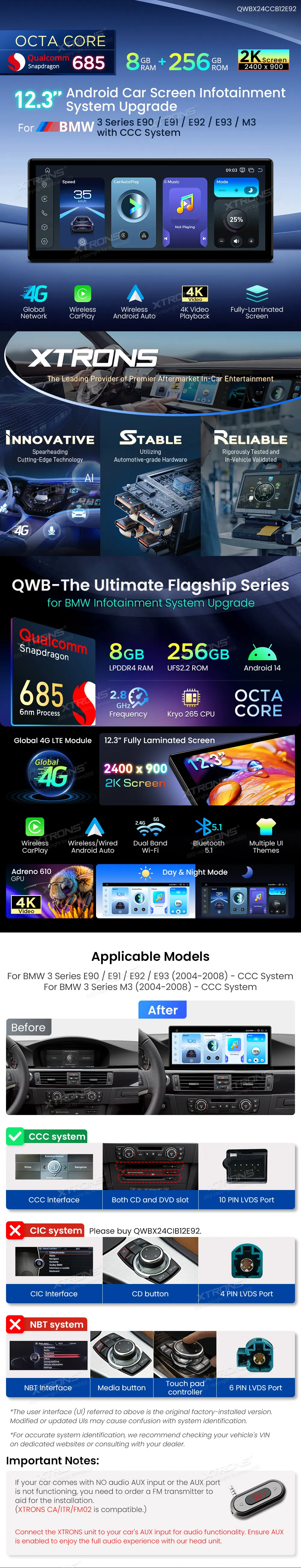 BMW E90 E91 E92 E93 CCC | Android 14 | 12.3 inch | 8GB/128GB/8Core Snapdragon 685| Multimedija Xtrons QWBX24CCB12E92