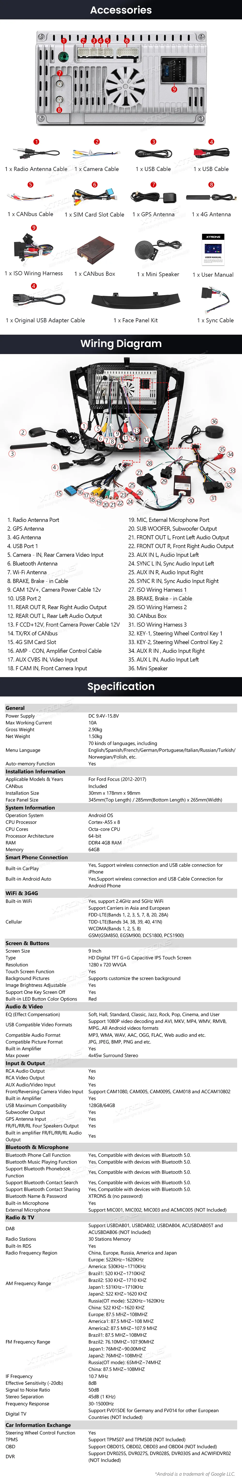 Ford Focus 2012-2017 | 9 coliai | 4GB/64GB/8 Cores | Android OS | Multimedija Xtrons IDP90FSFB