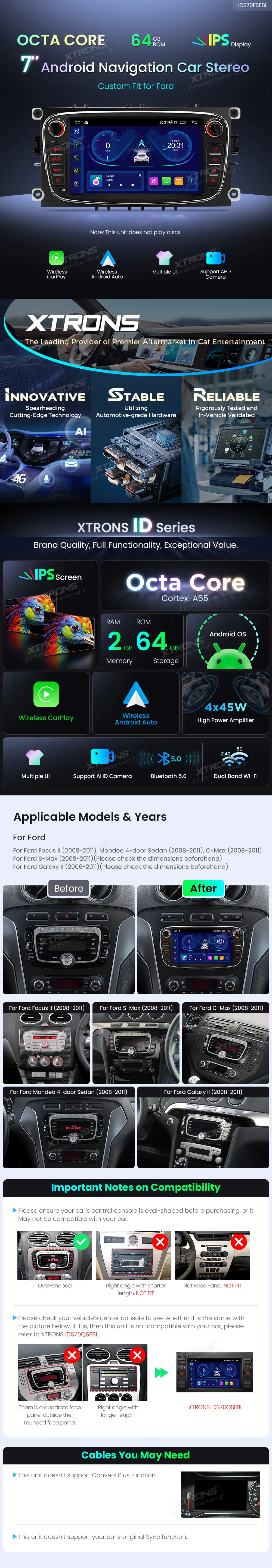 Ford Focus / Mondeo / C-Max / S-Max / Galaxy | 7inch | 2GB/64GB/8 Cores | Android OS | Multimedija Xtrons IDS70FSFBL