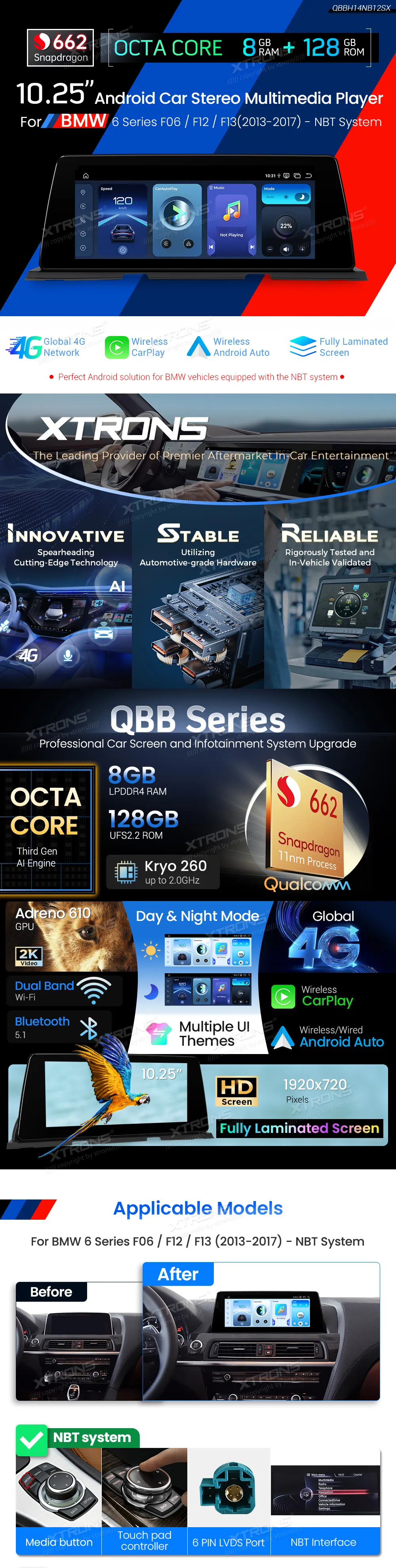 BMW 6 F06 / F12 / F13 NBT | Android OS | 10.25 inch | 8GB/128GB/8Core Snapdragon 662 | Multimedija Xtrons QBBH14NB12SX