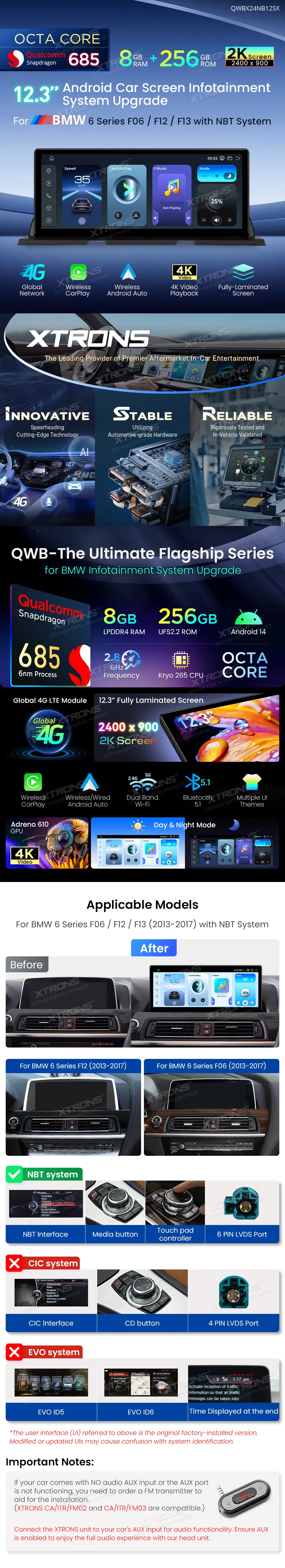 BMW 6 F06 / F12 / F13 NBT | Android 14 | 12.3 inch | 8GB/256GB/8Core Snapdragon 685 | Multimedija Xtrons QWBX24NB12SX
