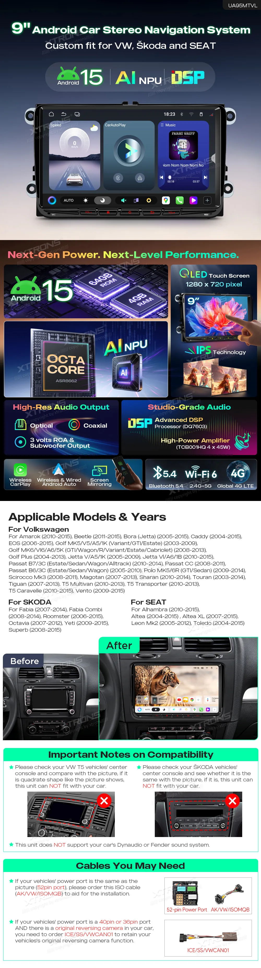 Volkswagen / Škoda / SEAT | Android 15 | 9 inch QLED | 4GB/64GB/8Core | Multimedija Xtrons UA95MTVL