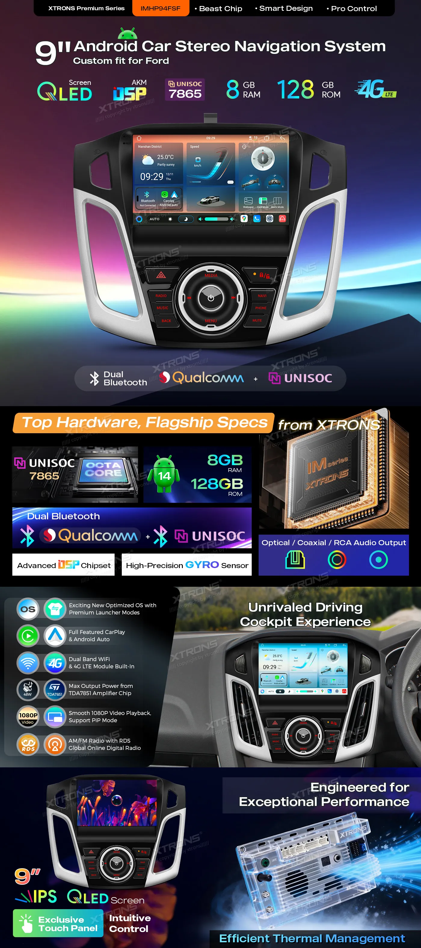 Ford Focus 2012-2017 | 9inch QLED | 8GB/128GB/8 Cores | Android 14 | Multimedija Xtrons IMHP94FSF