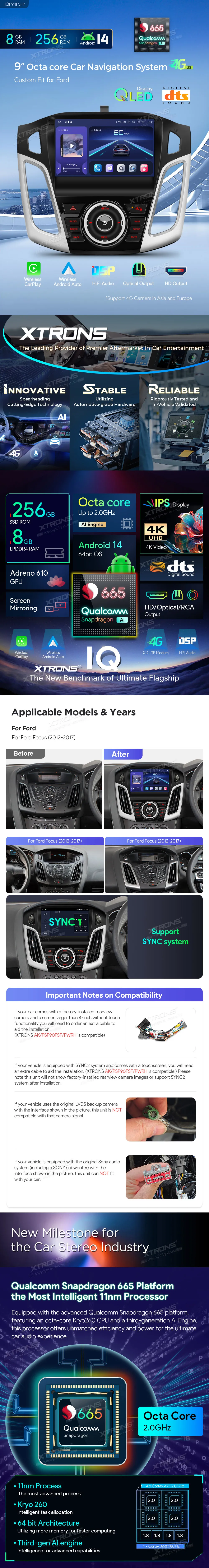 Ford Focus 2012-2017 | 9inch QLED | 8GB/256GB/8 Cores Snapdragon 665 | Android 14 | Multimedija Xtrons IQP94FSFP