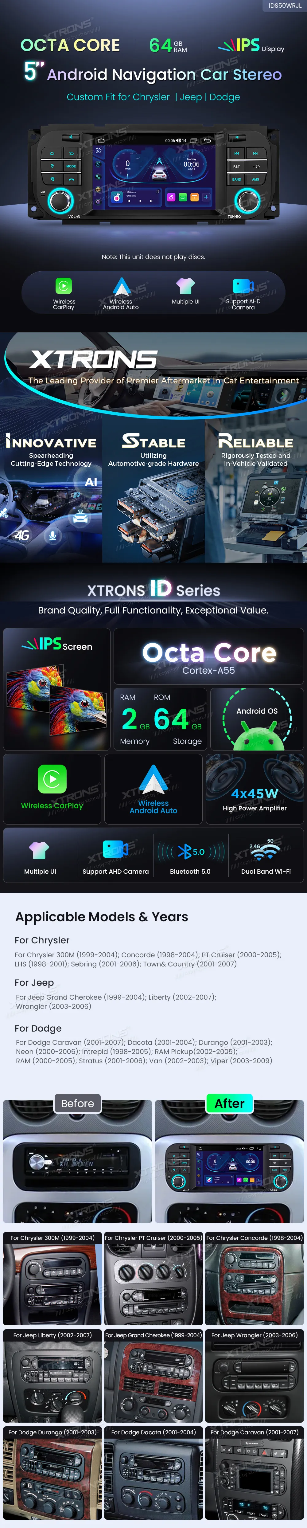 Chrysler / Jeep / Dodge | 5 inch | 2GB/64GB/8 Cores | Android OS | Multimedija Xtrons IDS50WRJL