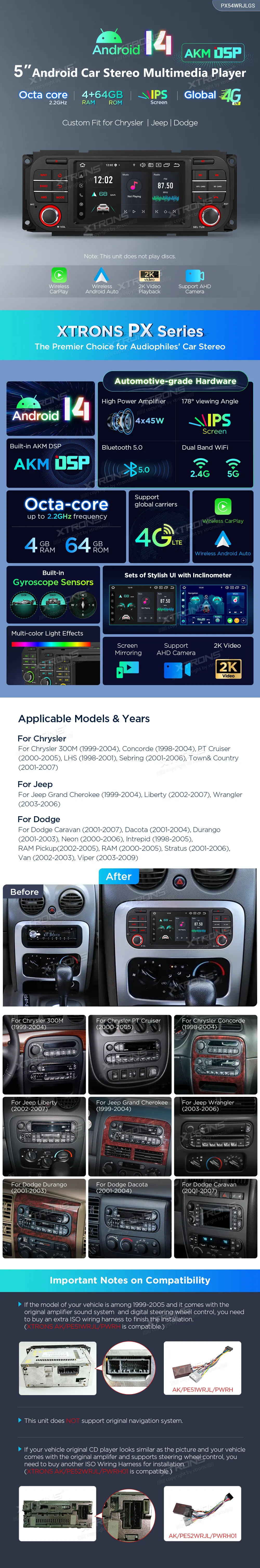 Chrysler / Jeep / Dodge | 5 inch | 4GB/64GB/8 Cores | Android 14 | Multimedija Xtrons PX54WRJLGS
