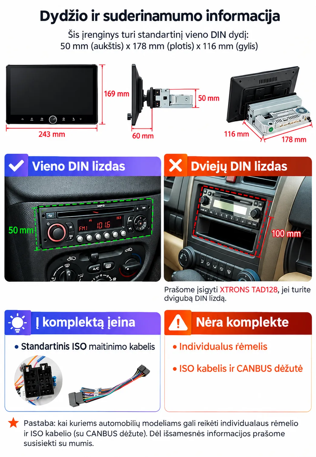 Universali 1-DIN Standarto Multimedija  | Android 14 | 10.1 inch QLED | 2GB/64GB/8Core | Multimedija Xtrons DD129S